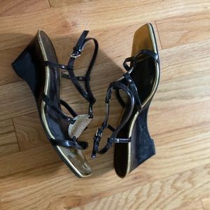 Dark brown strappy sandal / wedges gold medallion